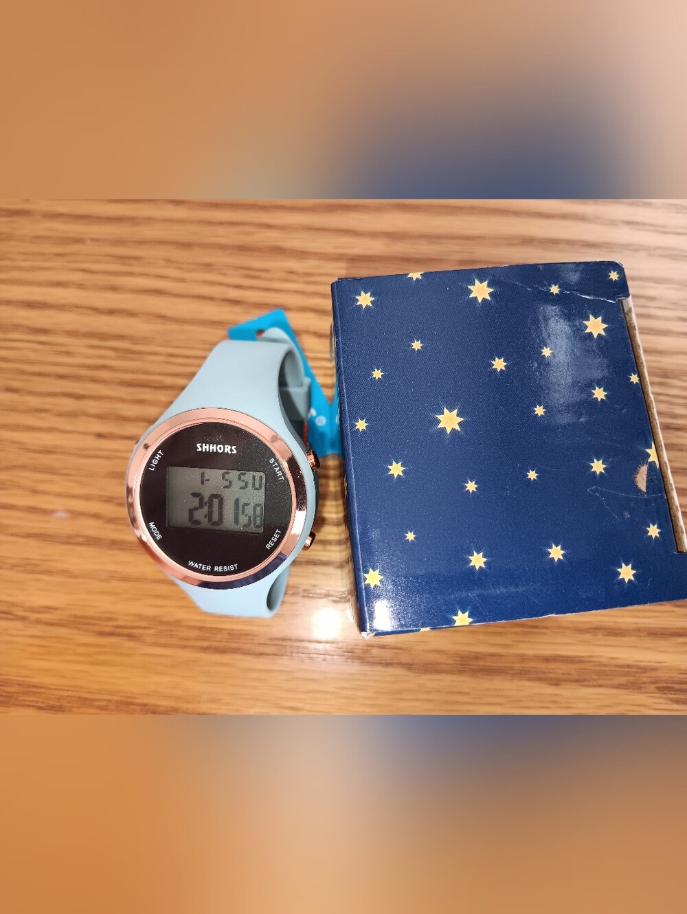 Light Blue Digital Sports Watch with Rose Gold Bezel. New And Running